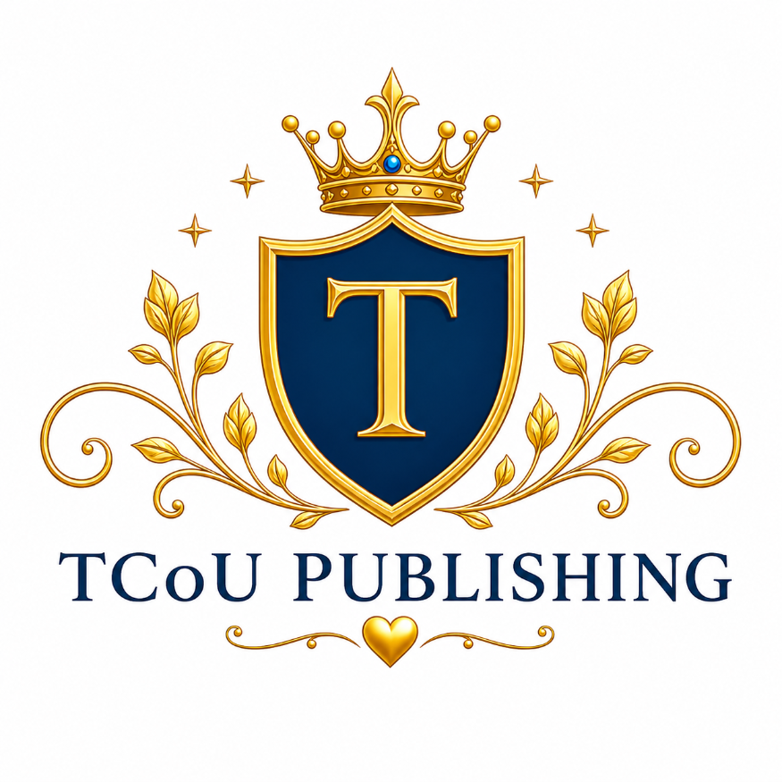 Logo of TCoU Publishing, an emblem in gold and blue representing strength with a crown and a heart.