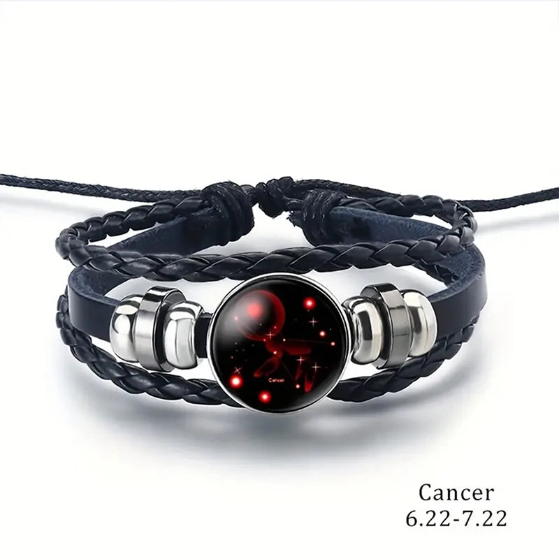 Bracelet - Horoscope - Vintage 12 Zodiac Sign Leather Bracelet - Sporty - Constellation - Glass Snap Button - Unisex Bracelets