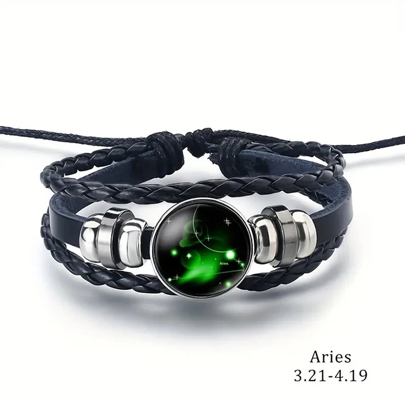 Bracelet - Horoscope - Vintage 12 Zodiac Sign Leather Bracelet - Sporty - Constellation - Glass Snap Button - Unisex Bracelets