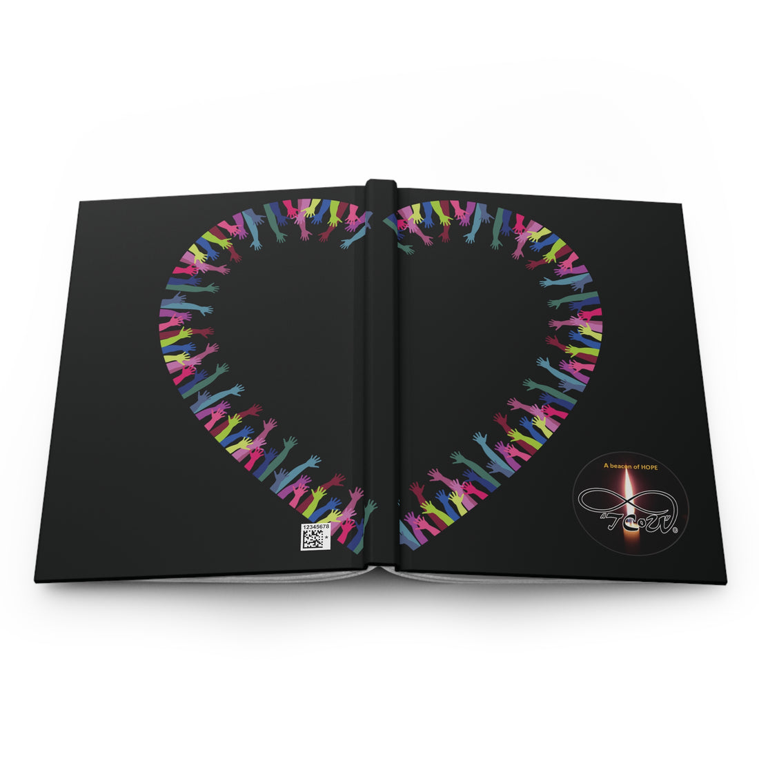 Hardcover Journal – Rainbow of hands Silhouette, making a Heart Design -- TCoU -- Beacon Hope - Candle Logo