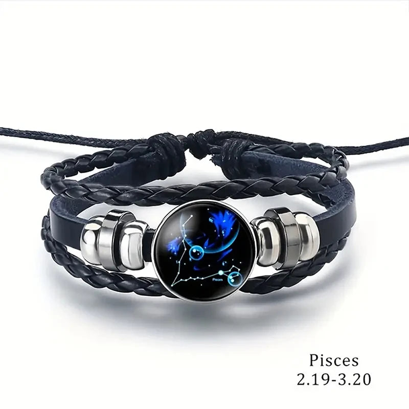 Bracelet - Horoscope - Vintage 12 Zodiac Sign Leather Bracelet - Sporty - Constellation - Glass Snap Button - Unisex Bracelets