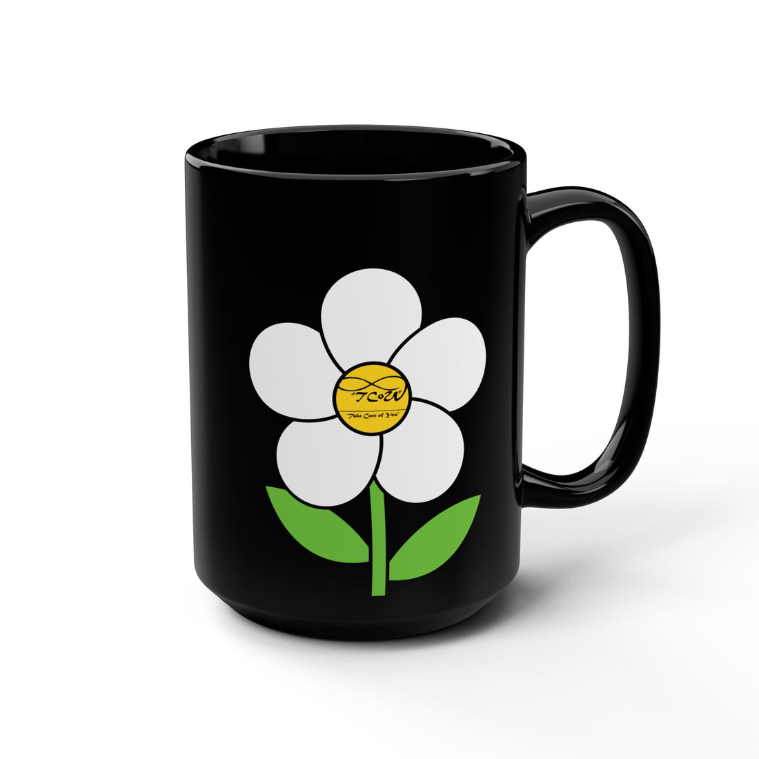 Mug - a TCoU sassy Mug, 15oz Black Mug, stating "A cup of Kindness, but make it strong." — Cheerful Daisy Graphic with Inspirational TCoU logo.