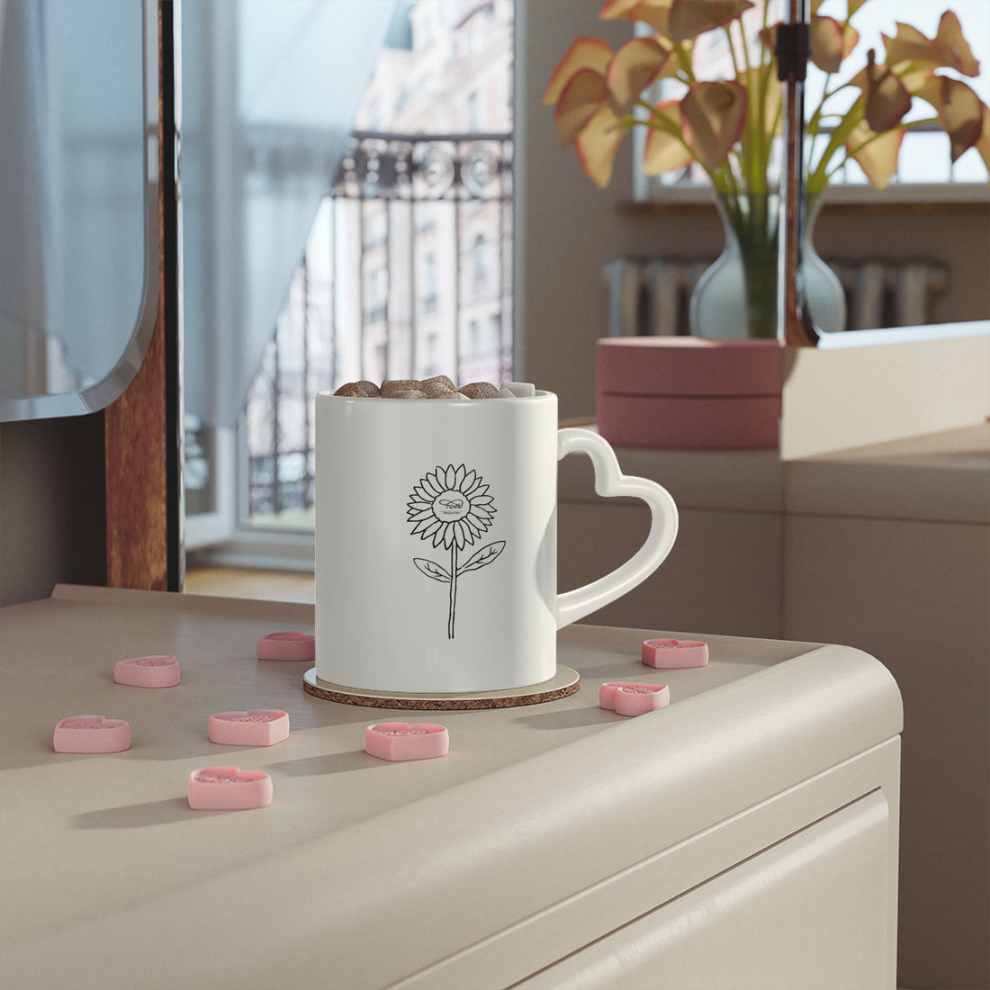 Mug – Heart Handle, Daisy Illustration with TCoU "Choose Kind. Stay Happy." Inspirational Quote