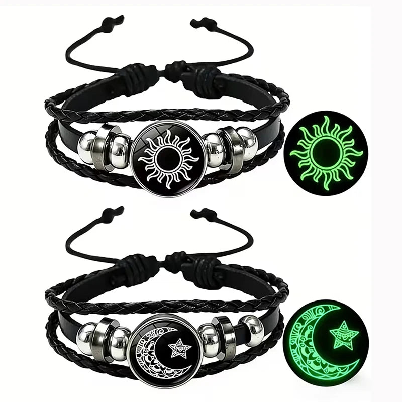 Bracelets--2Pcs - Couple/Friendship bracelets -- Glow in the Dark Sun Moon Couple Bracelets Set Glass Snap Button Multilayer Woven Leather Bracelet for Luminous Lover Gifts
