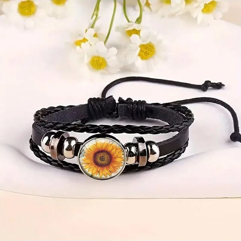 Bracelet - Beautiful Braided Sunflower Flower- Braided Leather Bracelet - Glass Snap Button - Adjustable Unisex Bracelets