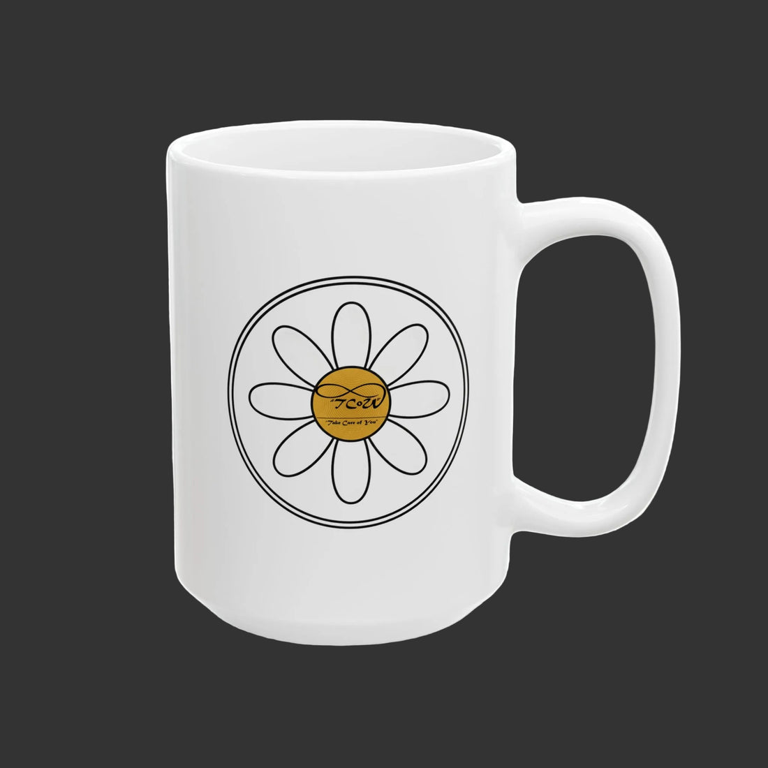 Mug -- TCoU mug, "Powered by Kindness with a little attitude," Daisy Ceramic Mug — Inspirational 15oz Coffee/tea Cup