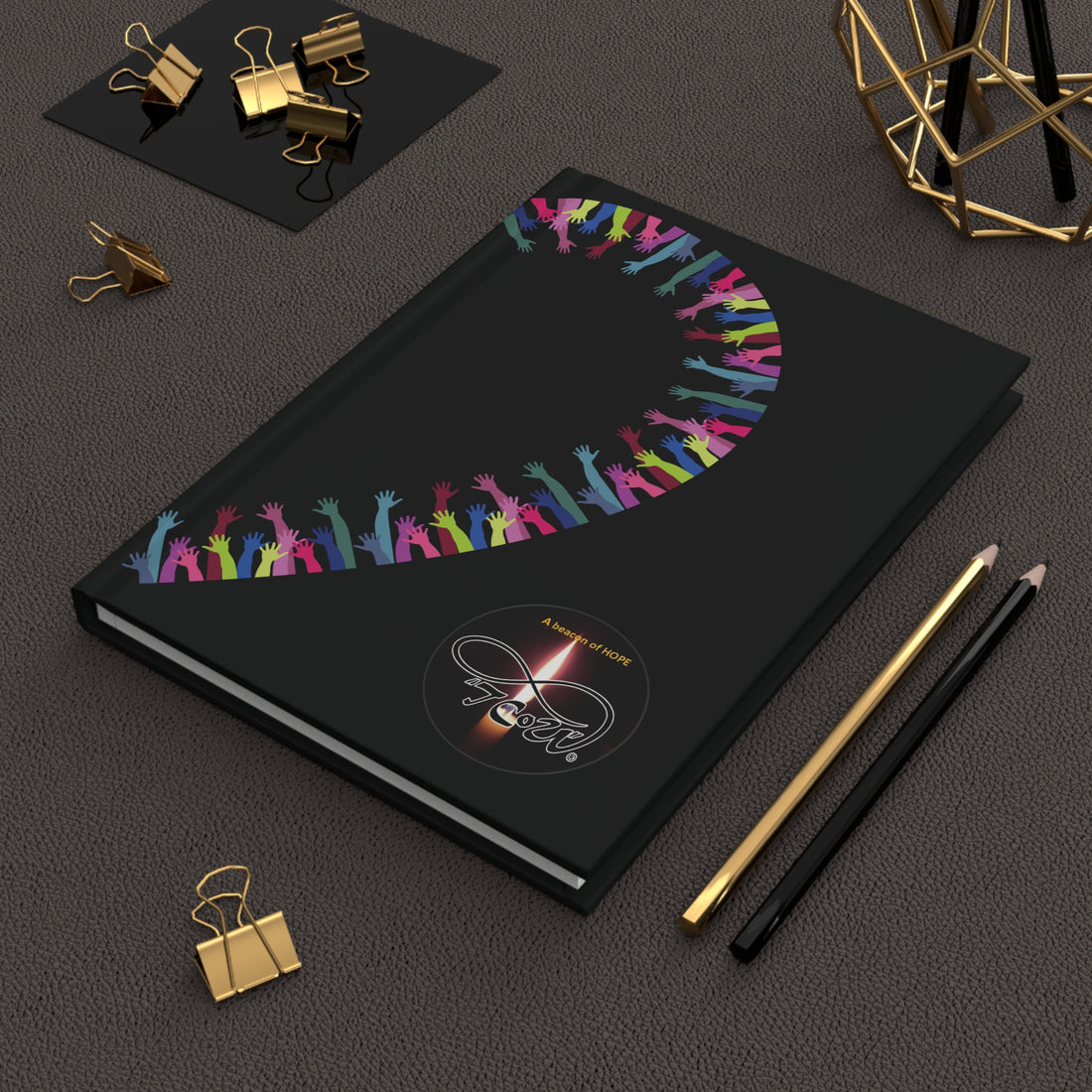 Hardcover Journal – Rainbow of hands Silhouette, making a Heart Design -- TCoU -- Beacon Hope - Candle Logo
