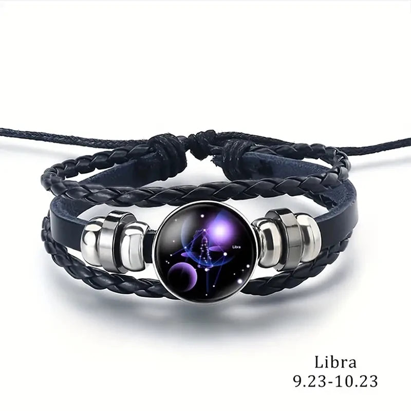 Bracelet - Horoscope - Vintage 12 Zodiac Sign Leather Bracelet - Sporty - Constellation - Glass Snap Button - Unisex Bracelets