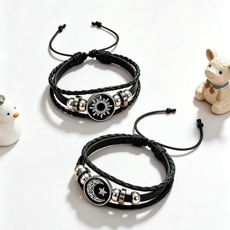 Bracelets--2Pcs - Couple/Friendship bracelets -- Glow in the Dark Sun Moon Couple Bracelets Set Glass Snap Button Multilayer Woven Leather Bracelet for Luminous Lover Gifts