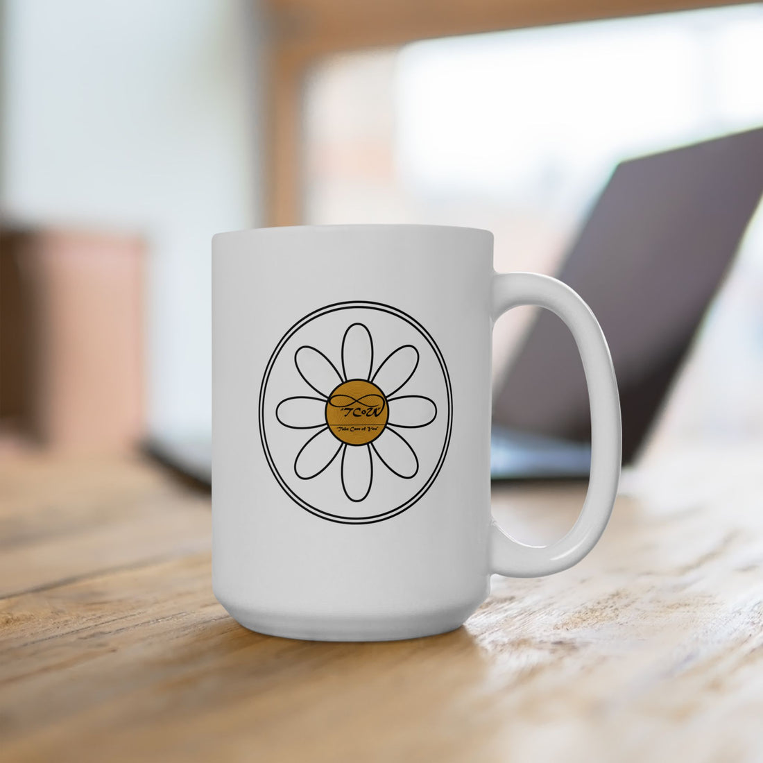 Mug -- TCoU mug, "Powered by Kindness with a little attitude," Daisy Ceramic Mug — Inspirational 15oz Coffee/tea Cup