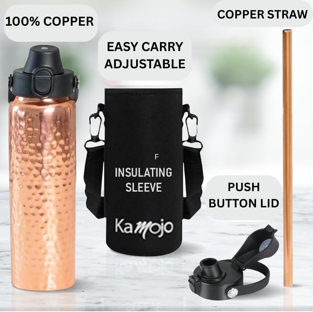 x-Amazon Best Finds - Gifts - Kamojo Copper Water Bottle 32 oz, Push Button Lid, 100% Copper Cup, Straw & Insulating Sleeve for Drinking Water, Handcrafted Ayurvedic Design