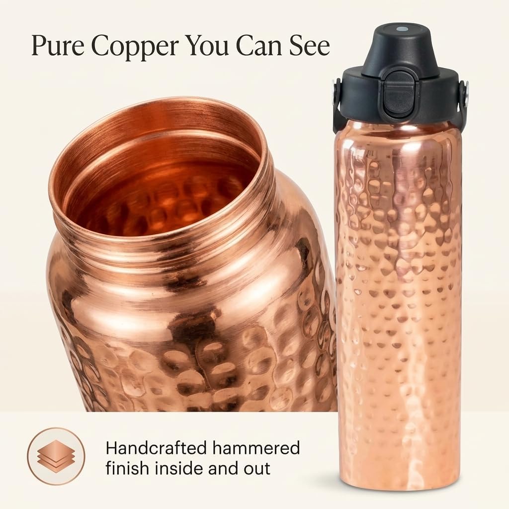 x-Amazon Best Finds - Gifts - Kamojo Copper Water Bottle 32 oz, Push Button Lid, 100% Copper Cup, Straw & Insulating Sleeve for Drinking Water, Handcrafted Ayurvedic Design