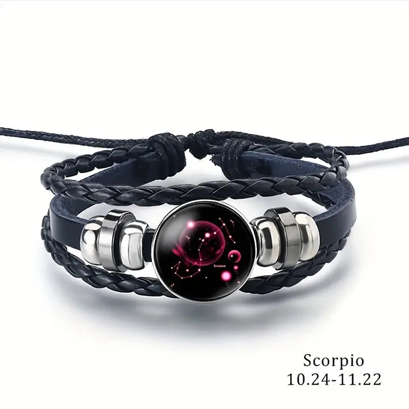 Bracelet - Horoscope - Vintage 12 Zodiac Sign Leather Bracelet - Sporty - Constellation - Glass Snap Button - Unisex Bracelets