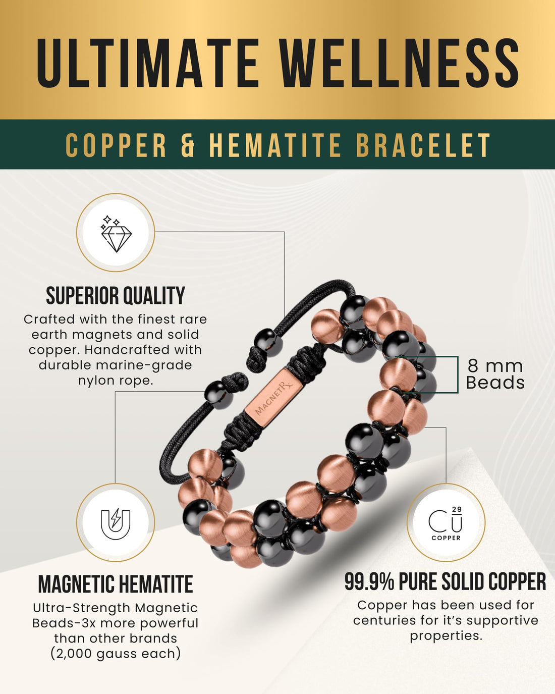 Copper Jewelry--MagnetRX® Magnetic Bracelets for Men & Women – MAX Strength Magnetic Hematite & Copper Bracelet with 8mm Solid Copper Beads (Double Copper), TCoU Recommendations from Amazon Products