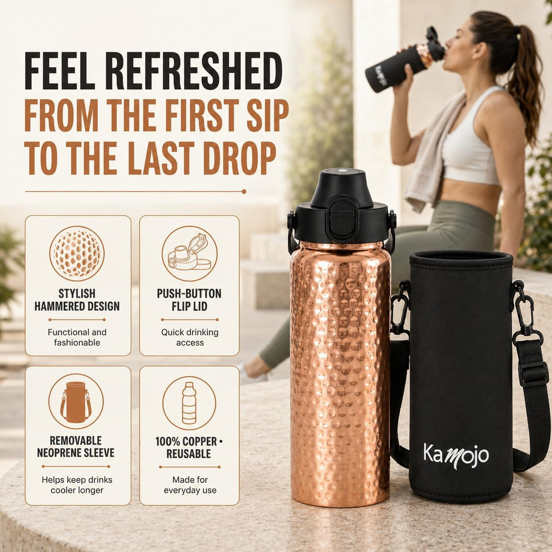 x-Amazon Best Finds - Gifts - Kamojo Copper Water Bottle 32 oz, Push Button Lid, 100% Copper Cup, Straw & Insulating Sleeve for Drinking Water, Handcrafted Ayurvedic Design