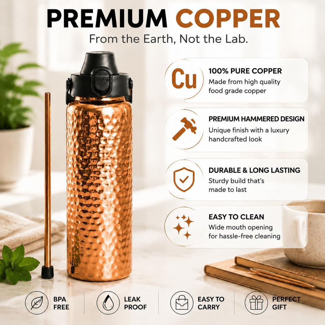 x-Amazon Best Finds - Gifts - Kamojo Copper Water Bottle 32 oz, Push Button Lid, 100% Copper Cup, Straw & Insulating Sleeve for Drinking Water, Handcrafted Ayurvedic Design