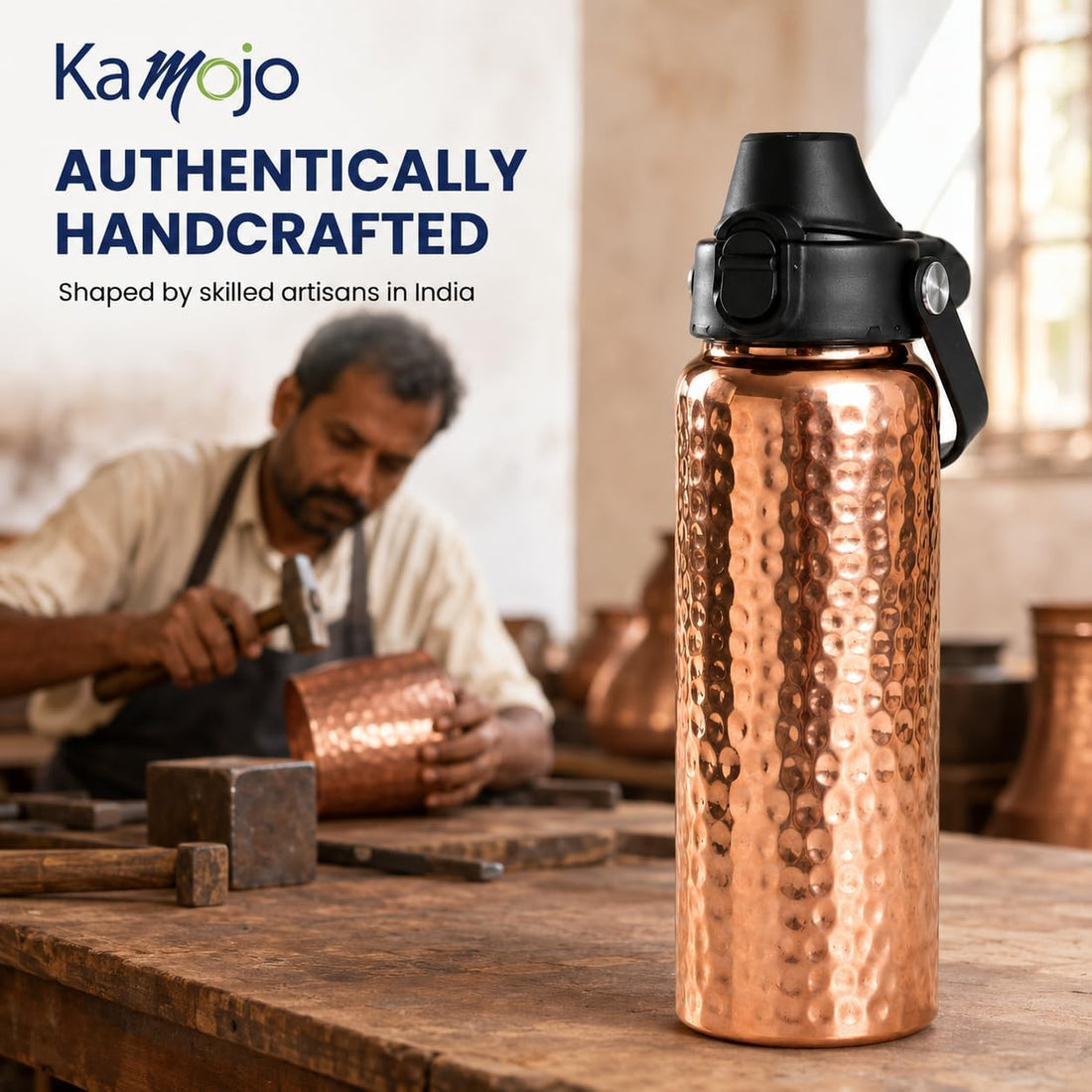 x-Amazon Best Finds - Gifts - Kamojo Copper Water Bottle 32 oz, Push Button Lid, 100% Copper Cup, Straw & Insulating Sleeve for Drinking Water, Handcrafted Ayurvedic Design