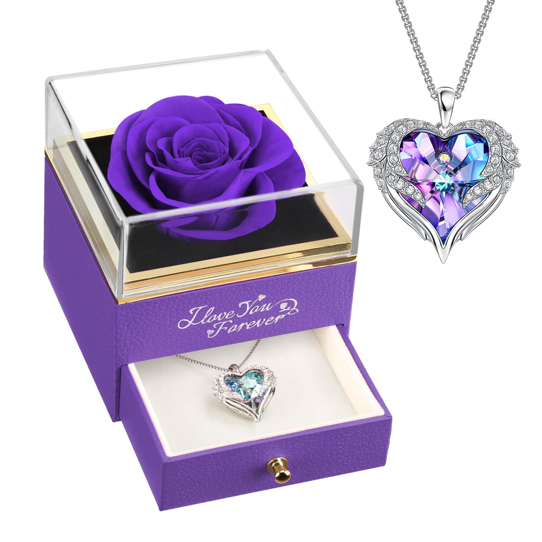Heart Shaped Necklace--NEWNOVE Preserved Real Purple Rose with Angle Wings Necklace, Valentines Day Flowers Gifts for Mom Grandma Wife Girlfriend, I Love You Gifts for Her, Anniversary or Birthday Gifts for Women, TCoU Recommendations from Amazon Products