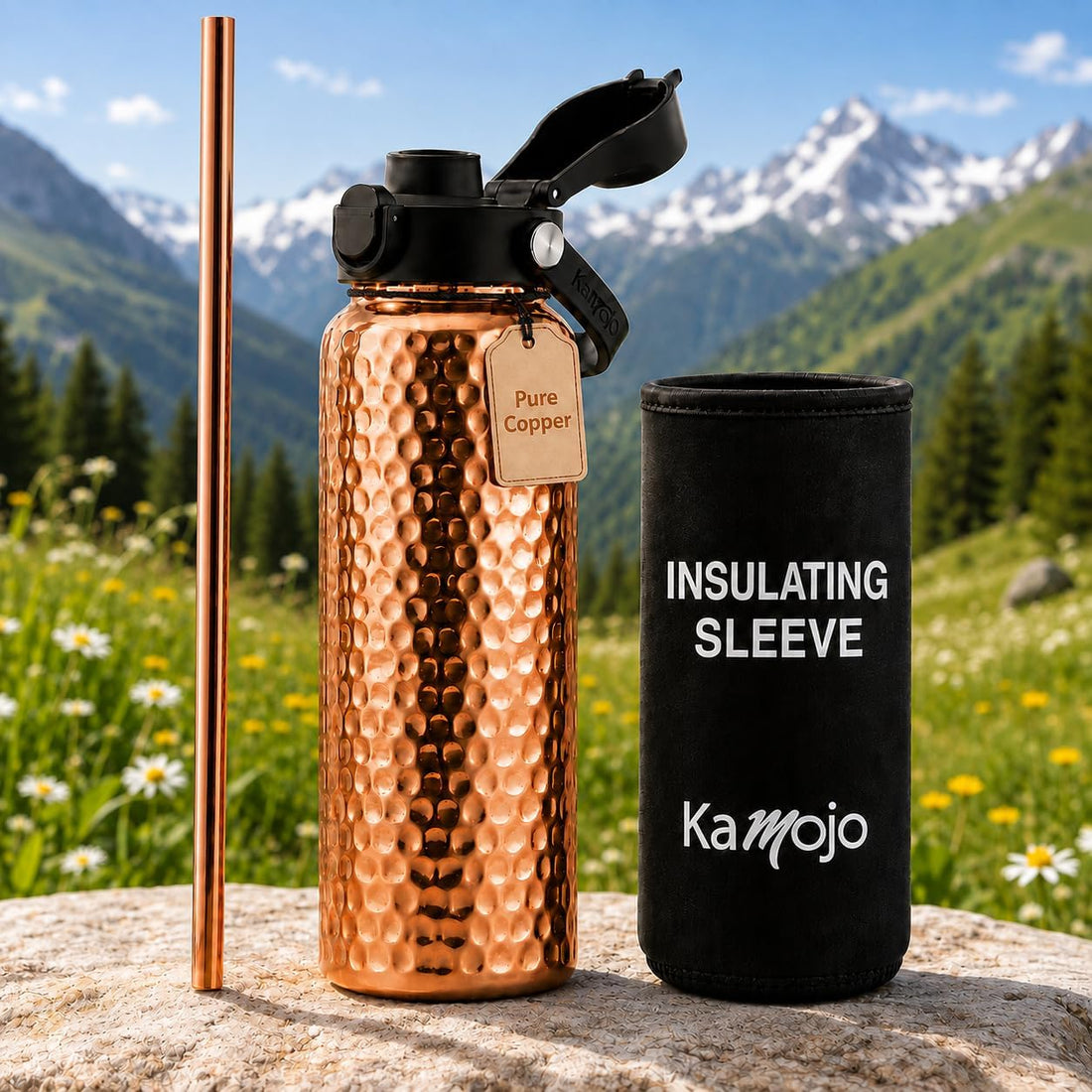 x-Amazon Best Finds - Gifts - Kamojo Copper Water Bottle 32 oz, Push Button Lid, 100% Copper Cup, Straw & Insulating Sleeve for Drinking Water, Handcrafted Ayurvedic Design