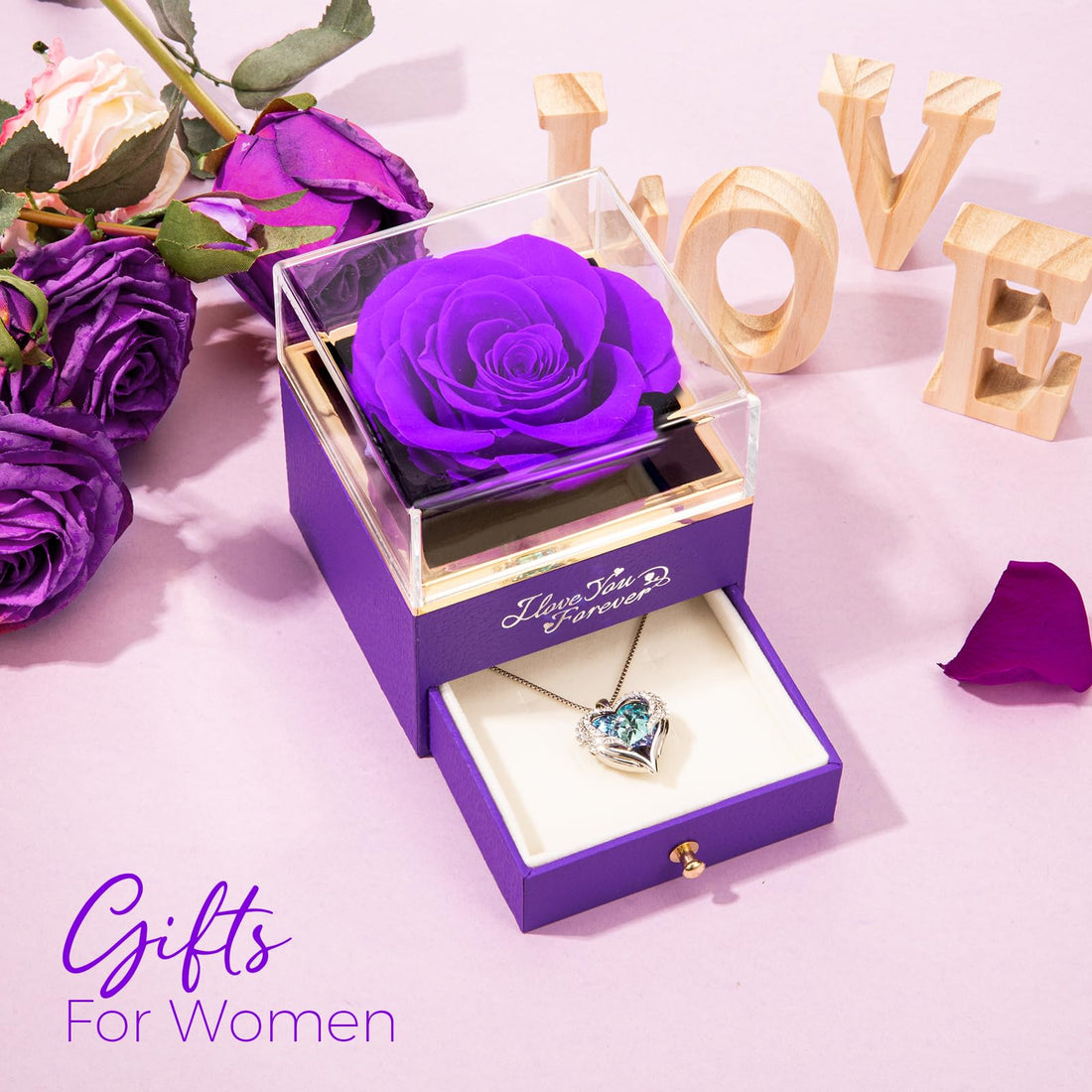 Heart Shaped Necklace--NEWNOVE Preserved Real Purple Rose with Angle Wings Necklace, Valentines Day Flowers Gifts for Mom Grandma Wife Girlfriend, I Love You Gifts for Her, Anniversary or Birthday Gifts for Women, TCoU Recommendations from Amazon Products