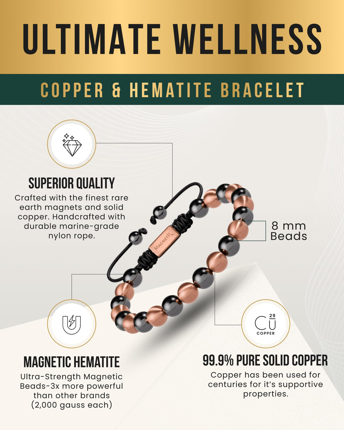 Copper Jewelry--MagnetRX® Magnetic Bracelets for Men & Women – MAX Strength Magnetic Hematite & Copper Bracelet with 8mm Solid Copper Beads (Double Copper), TCoU Recommendations from Amazon Products