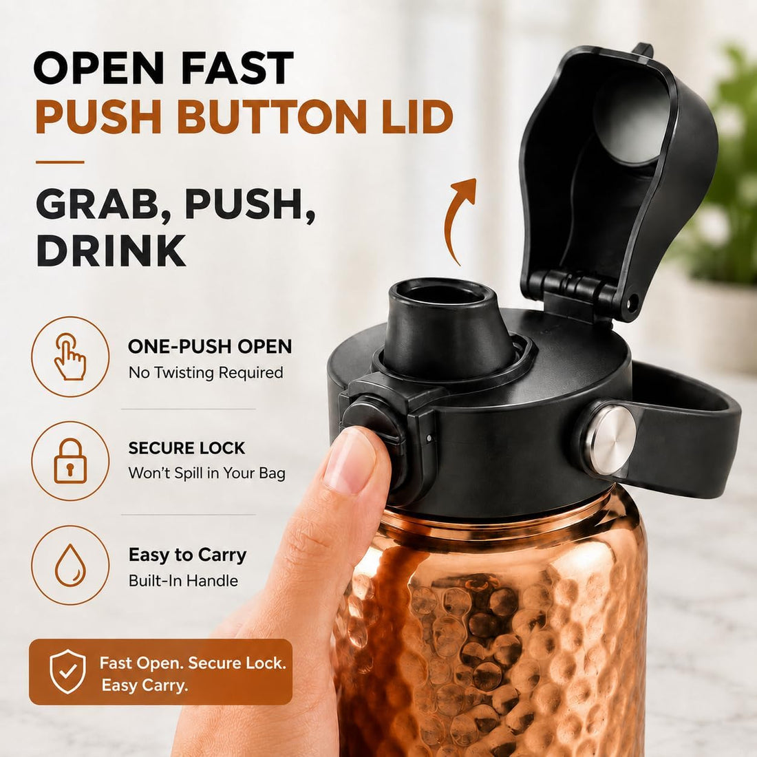 x-Amazon Best Finds - Gifts - Kamojo Copper Water Bottle 32 oz, Push Button Lid, 100% Copper Cup, Straw & Insulating Sleeve for Drinking Water, Handcrafted Ayurvedic Design