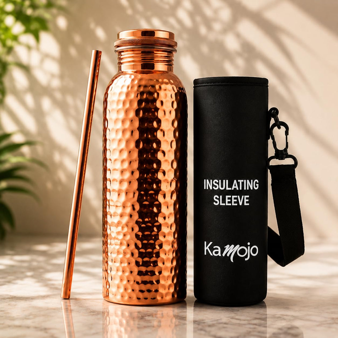 x-Amazon Best Finds - Gifts - Kamojo Copper Water Bottle 32 oz, Push Button Lid, 100% Copper Cup, Straw & Insulating Sleeve for Drinking Water, Handcrafted Ayurvedic Design