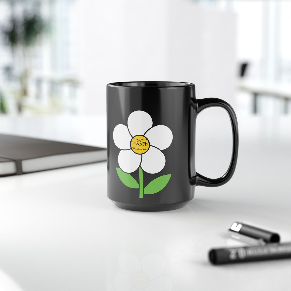 Mug - a TCoU sassy Mug, 15oz Black Mug, stating "A cup of Kindness, but make it strong." — Cheerful Daisy Graphic with Inspirational TCoU logo.