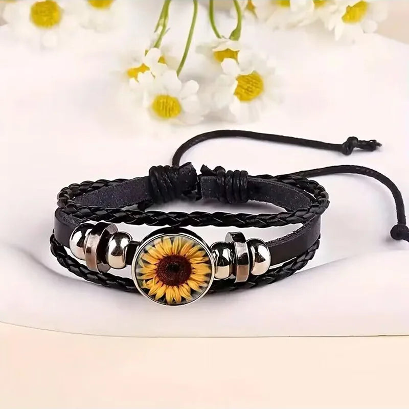 Bracelet - Beautiful Braided Sunflower Flower- Braided Leather Bracelet - Glass Snap Button - Adjustable Unisex Bracelets