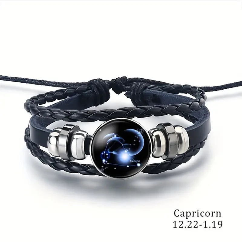Bracelet - Horoscope - Vintage 12 Zodiac Sign Leather Bracelet - Sporty - Constellation - Glass Snap Button - Unisex Bracelets