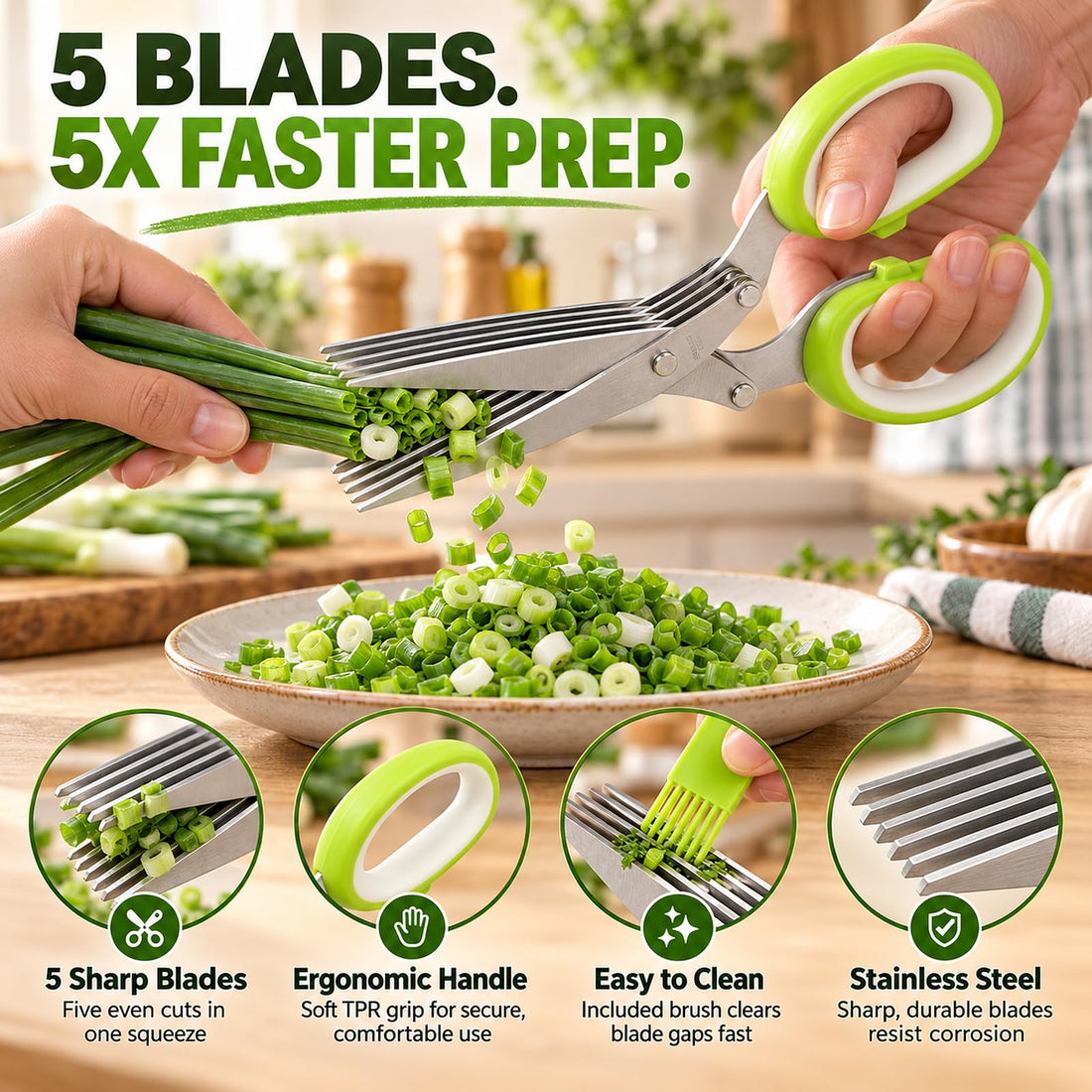 x-Amazon Best Finds - Kitchen -Herb Scissors with 5 Thickened Sharp Blades, Herb Scissors Set，Green