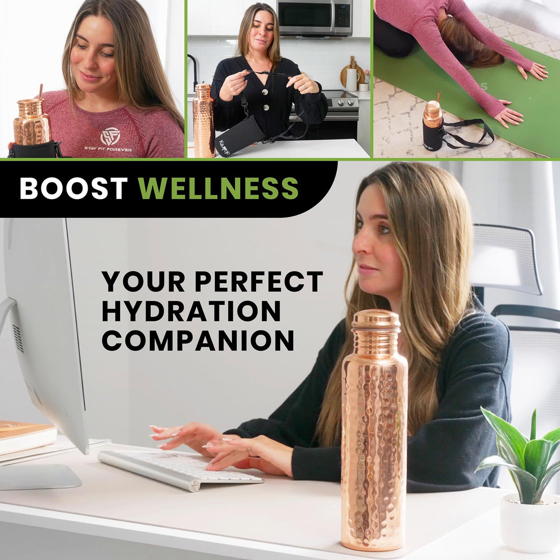 x-Amazon Best Finds - Gifts - Kamojo Copper Water Bottle 32 oz, Push Button Lid, 100% Copper Cup, Straw & Insulating Sleeve for Drinking Water, Handcrafted Ayurvedic Design
