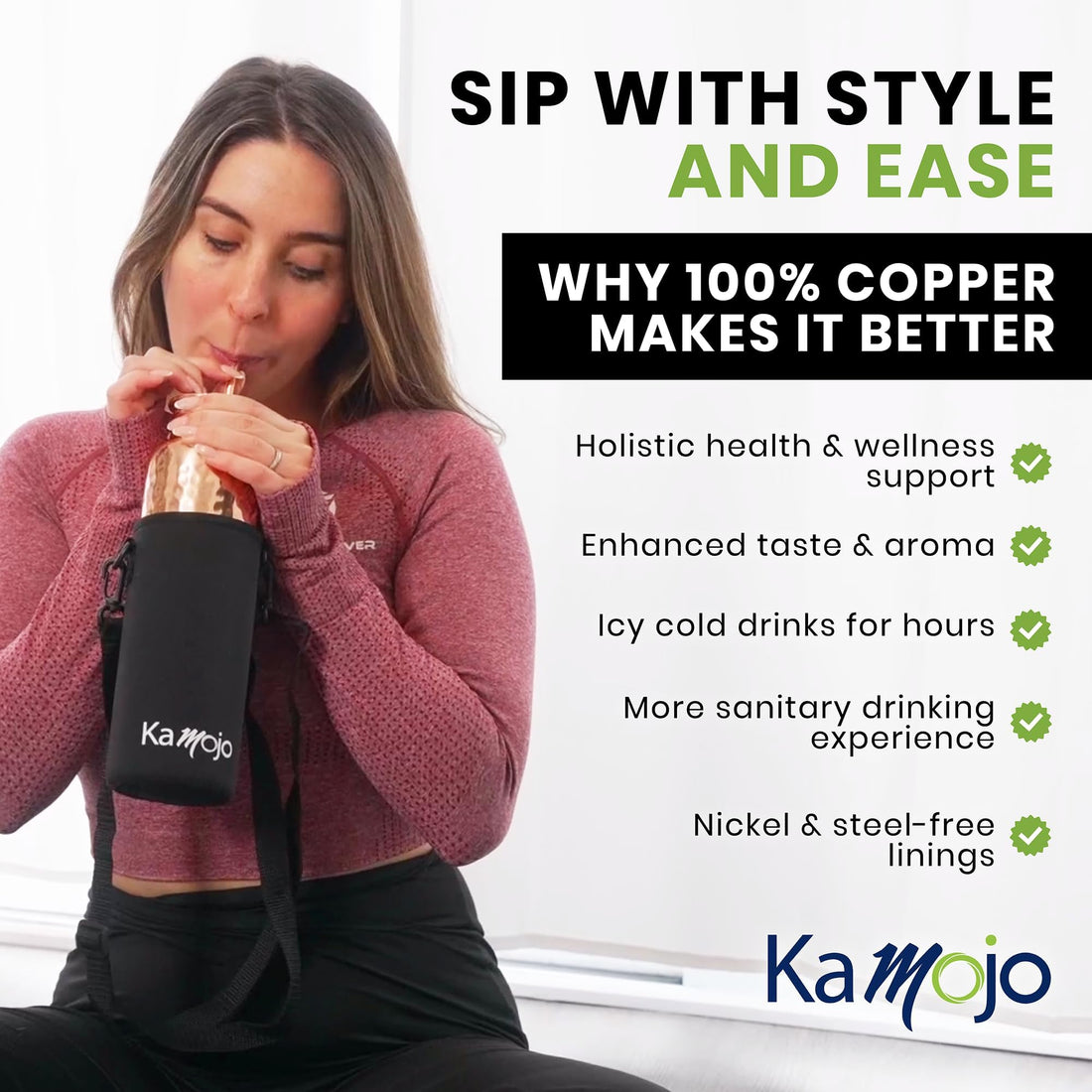 x-Amazon Best Finds - Gifts - Kamojo Copper Water Bottle 32 oz, Push Button Lid, 100% Copper Cup, Straw & Insulating Sleeve for Drinking Water, Handcrafted Ayurvedic Design