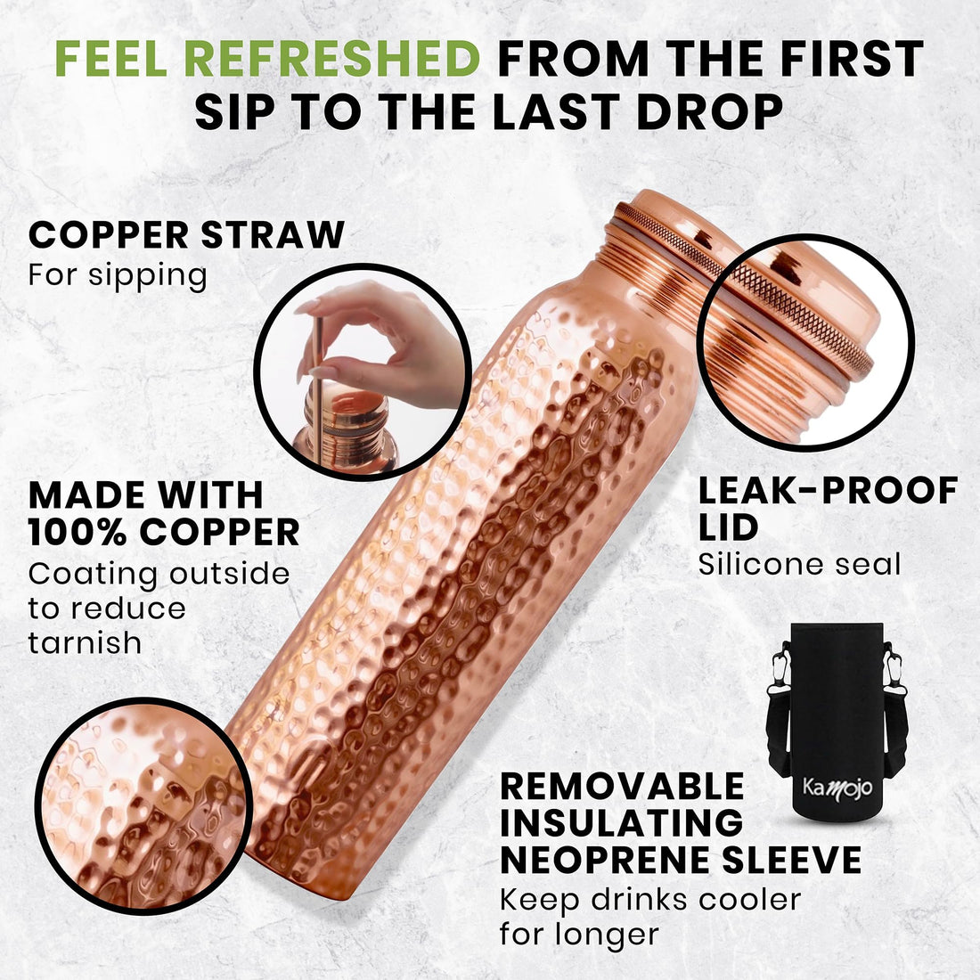 x-Amazon Best Finds - Gifts - Kamojo Copper Water Bottle 32 oz, Push Button Lid, 100% Copper Cup, Straw & Insulating Sleeve for Drinking Water, Handcrafted Ayurvedic Design
