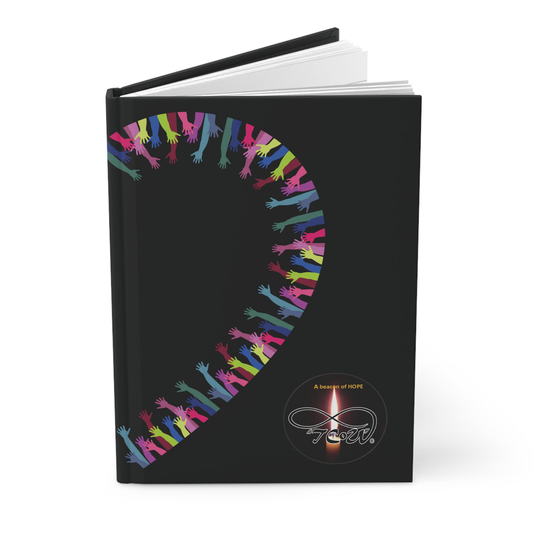 Hardcover Journal – Rainbow of hands Silhouette, making a Heart Design -- TCoU -- Beacon Hope - Candle Logo