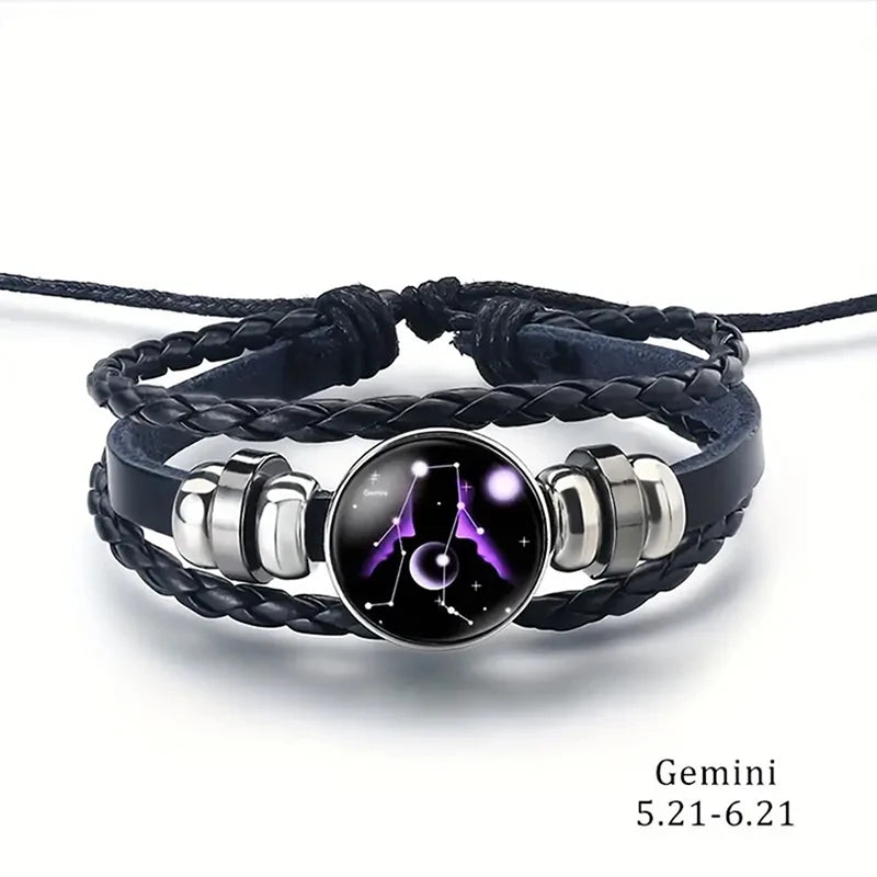 Bracelet - Horoscope - Vintage 12 Zodiac Sign Leather Bracelet - Sporty - Constellation - Glass Snap Button - Unisex Bracelets
