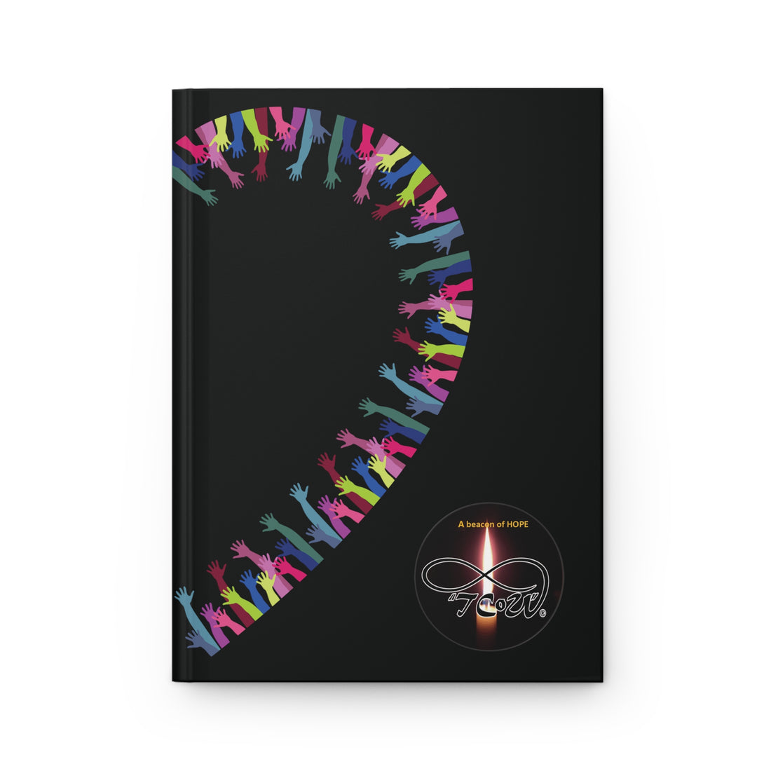 Hardcover Journal – Rainbow of hands Silhouette, making a Heart Design -- TCoU -- Beacon Hope - Candle Logo