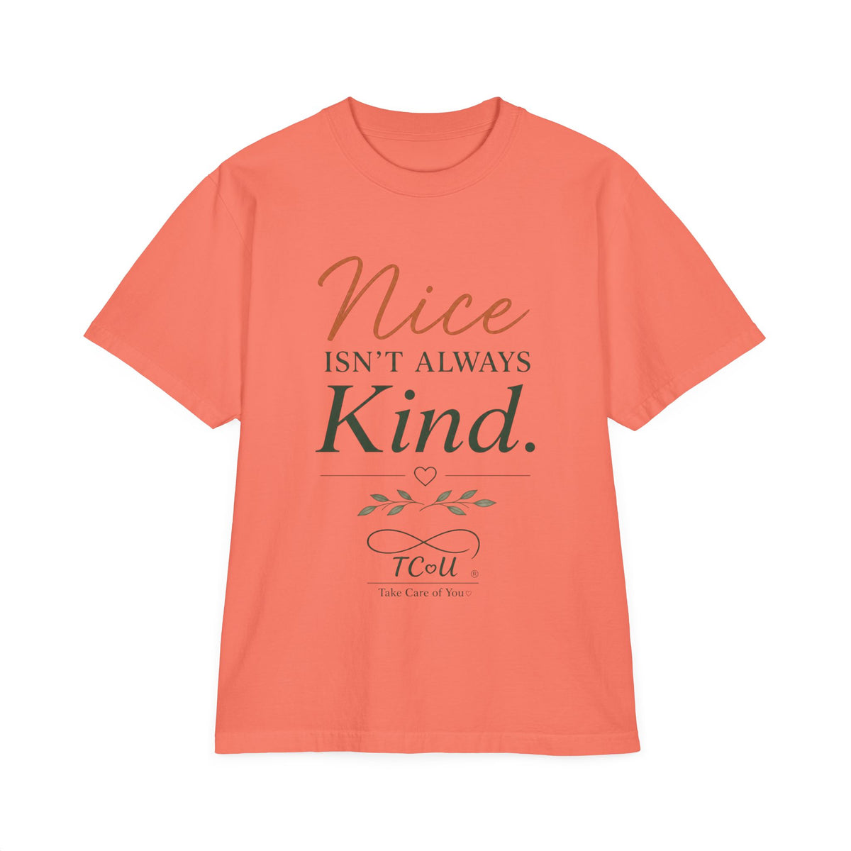 Coral t-shirt with motivational quote on a gray background