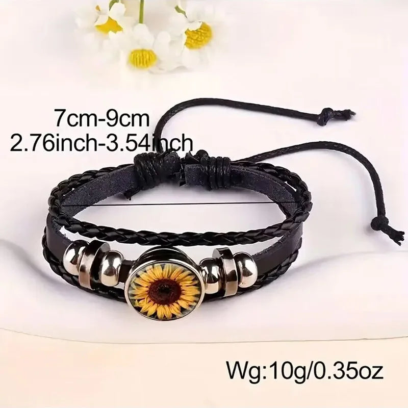 Bracelet - Beautiful Braided Sunflower Flower- Braided Leather Bracelet - Glass Snap Button - Adjustable Unisex Bracelets