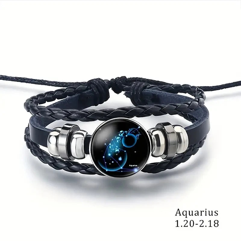 Bracelet - Horoscope - Vintage 12 Zodiac Sign Leather Bracelet - Sporty - Constellation - Glass Snap Button - Unisex Bracelets
