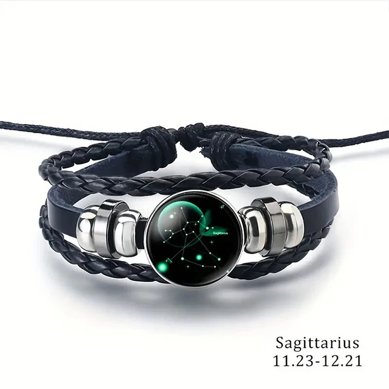 Bracelet - Horoscope - Vintage 12 Zodiac Sign Leather Bracelet - Sporty - Constellation - Glass Snap Button - Unisex Bracelets