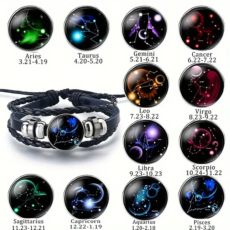 Bracelet - Horoscope - Vintage 12 Zodiac Sign Leather Bracelet - Sporty - Constellation - Glass Snap Button - Unisex Bracelets