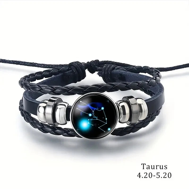 Bracelet - Horoscope - Vintage 12 Zodiac Sign Leather Bracelet - Sporty - Constellation - Glass Snap Button - Unisex Bracelets