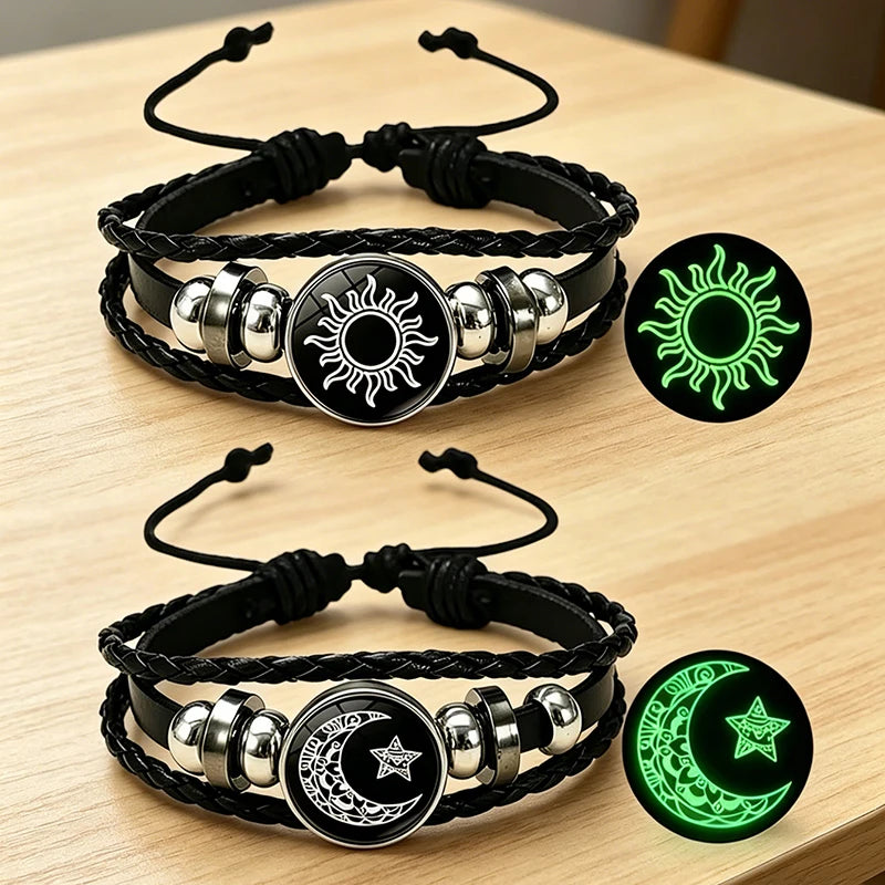 Bracelets--2Pcs - Couple/Friendship bracelets -- Glow in the Dark Sun Moon Couple Bracelets Set Glass Snap Button Multilayer Woven Leather Bracelet for Luminous Lover Gifts