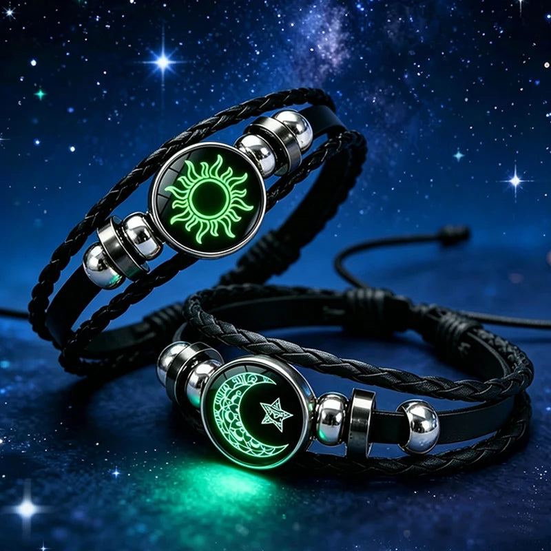 Bracelets--2Pcs - Couple/Friendship bracelets -- Glow in the Dark Sun Moon Couple Bracelets Set Glass Snap Button Multilayer Woven Leather Bracelet for Luminous Lover Gifts