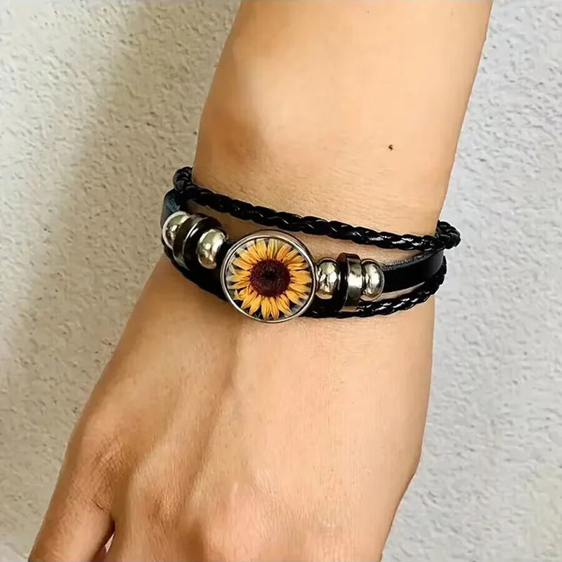Bracelet - Beautiful Braided Sunflower Flower- Braided Leather Bracelet - Glass Snap Button - Adjustable Unisex Bracelets