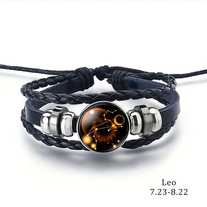 Bracelet - Horoscope - Vintage 12 Zodiac Sign Leather Bracelet - Sporty - Constellation - Glass Snap Button - Unisex Bracelets