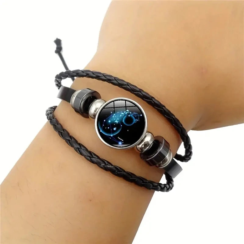 Bracelet - Horoscope - Vintage 12 Zodiac Sign Leather Bracelet - Sporty - Constellation - Glass Snap Button - Unisex Bracelets