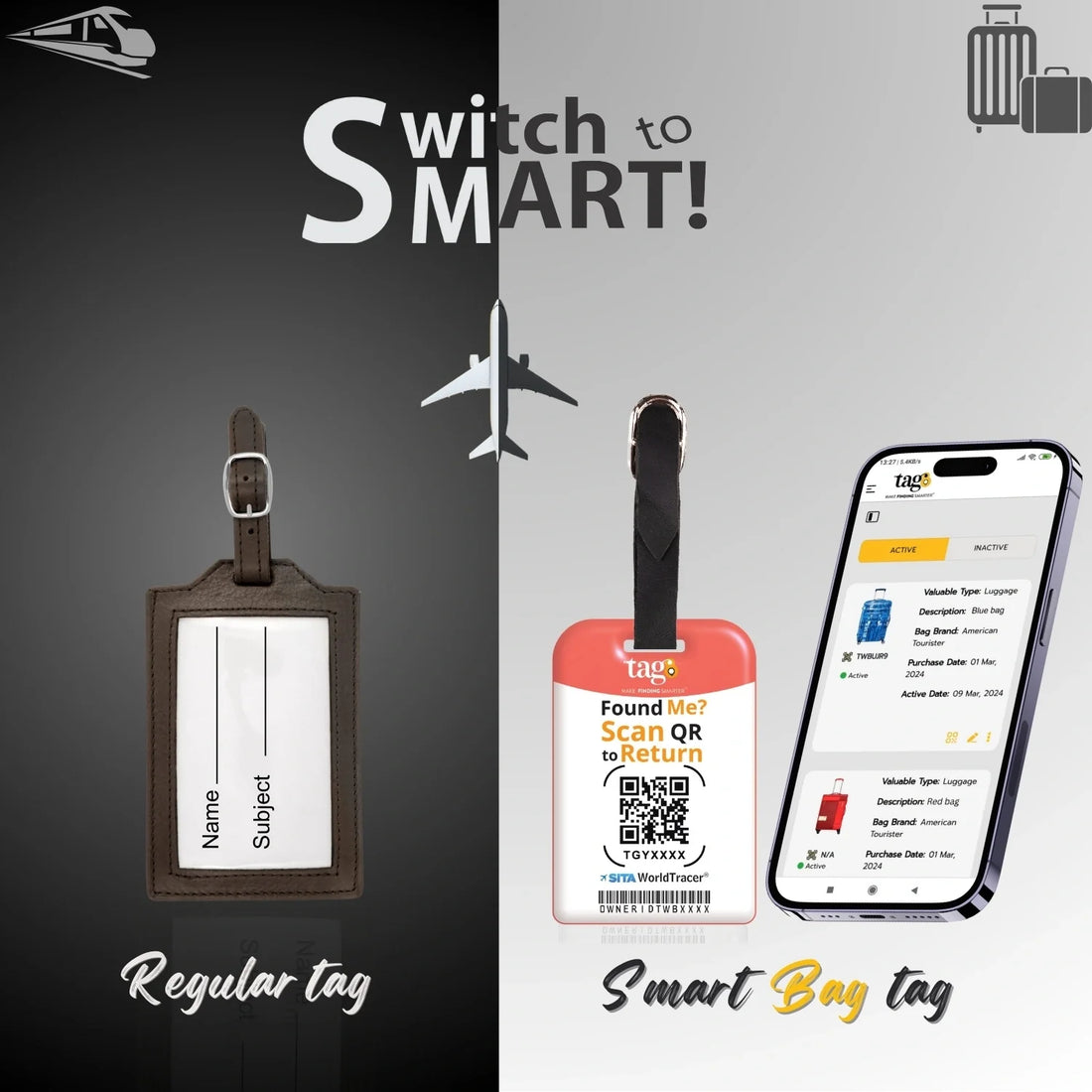 Luggage Smart Tags with QR code for easy scanning contact information, pick Your Initial, pack 2 tags
