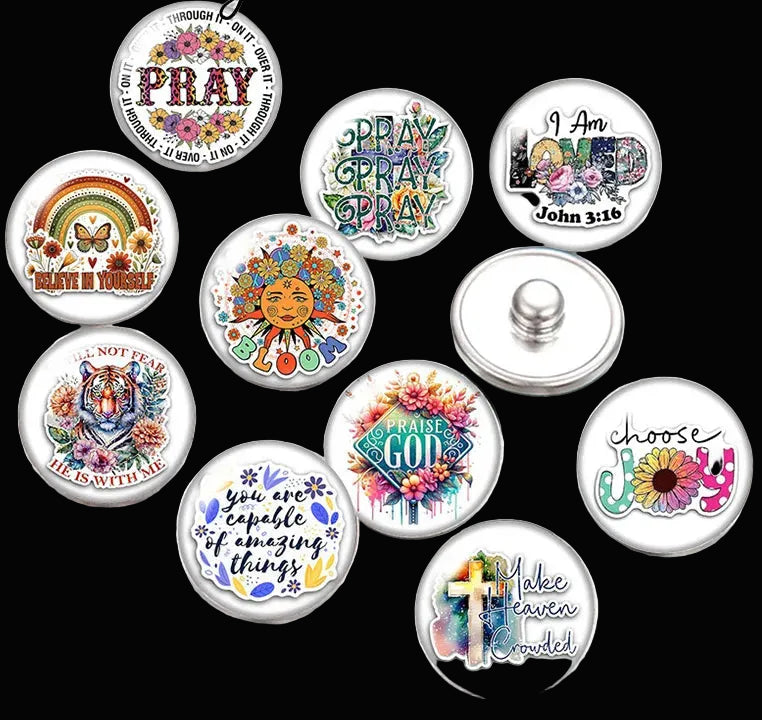 Snap Buttons - Buttons for snap jewelry- sets of 10 pcs each - Motivational Themes. sizes: 12mm/18mm/20mm snap buttons,WARNING: confirm snap jewelry button size, some jewelry may take multiple button sizes. PICK COLOR AND SIZE TO SEE SET CHOSEN.